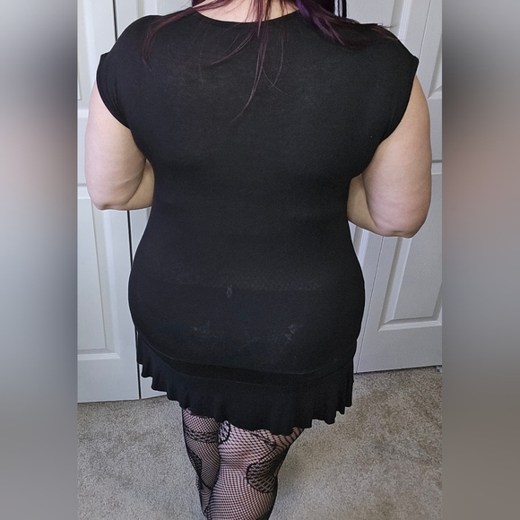 Gothic Black Cat Graphic Micro Mini Dress Slash Tunic Top with Purple Eyes L - Picture 2 of 4